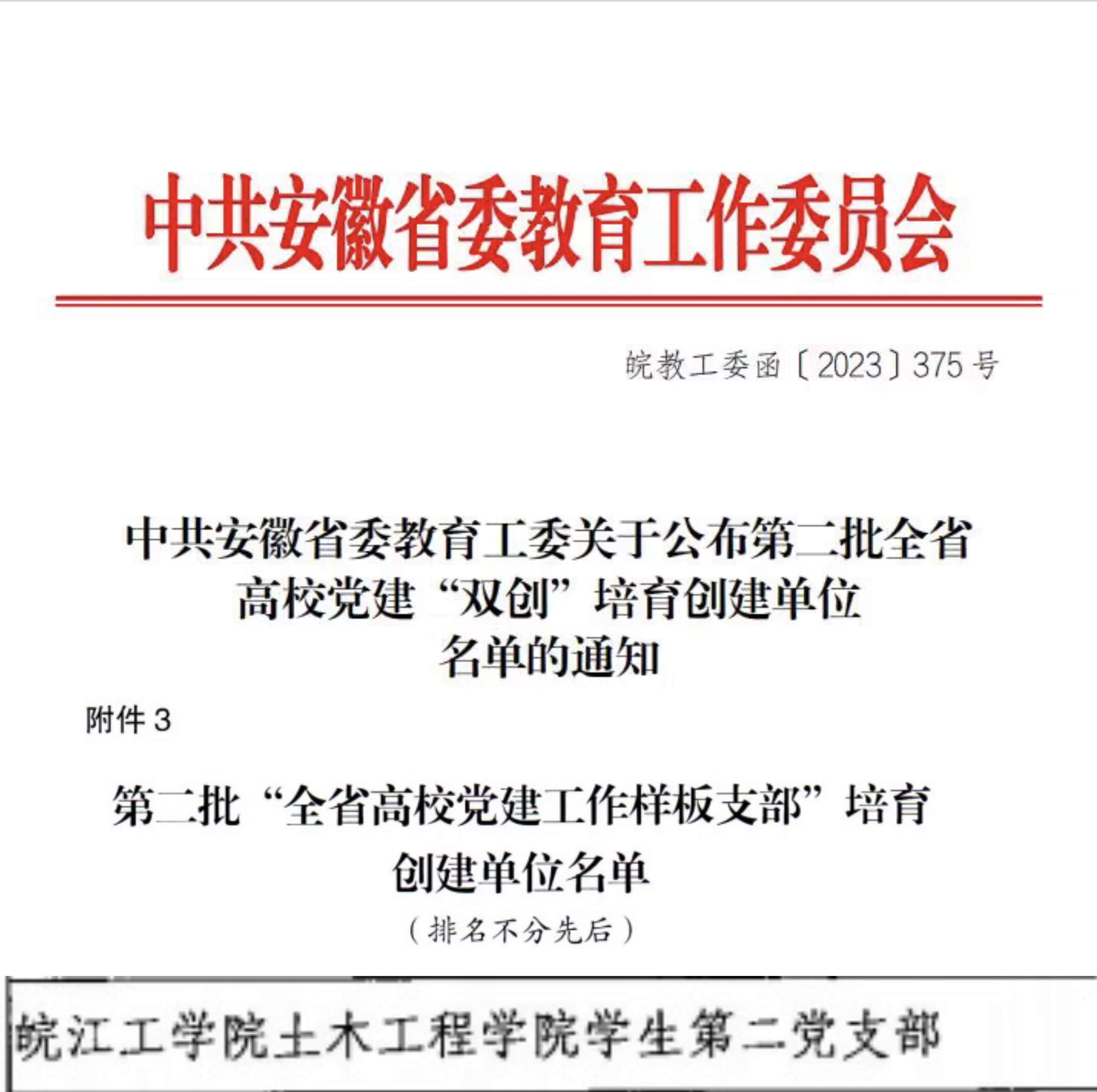 <strong>上榜！皖江工学院土木工程学院学生第二党支部入选 “全省党建工作样板支部”</strong>